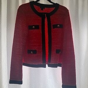 Red knit with black trim and gold button trim sweater blazer